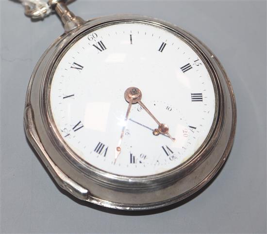 A George III silver pair-cased key-wind pocket watch, makers name partially erased, No. 411.